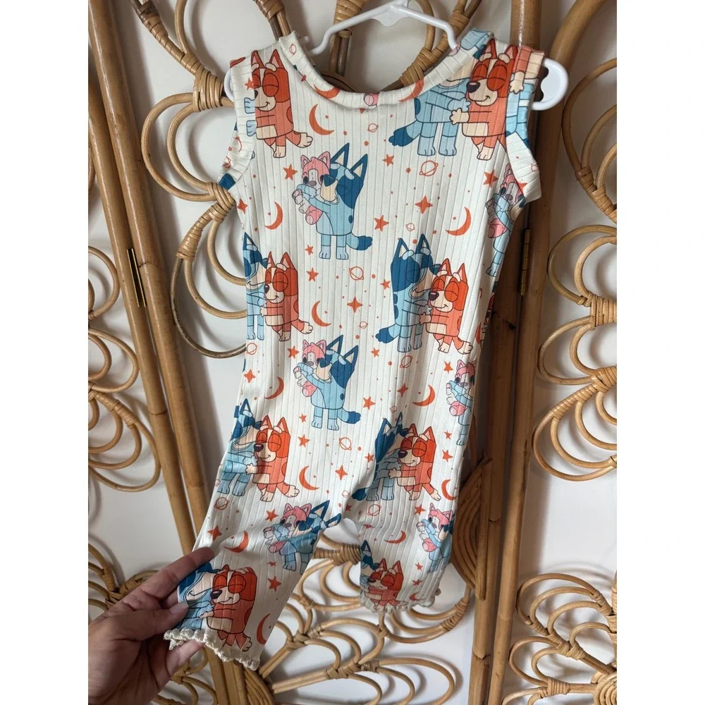 Bluey Bingo Kids Ribbed Sleeveless Romper Celestial Moon Stars Cream One Piece‎